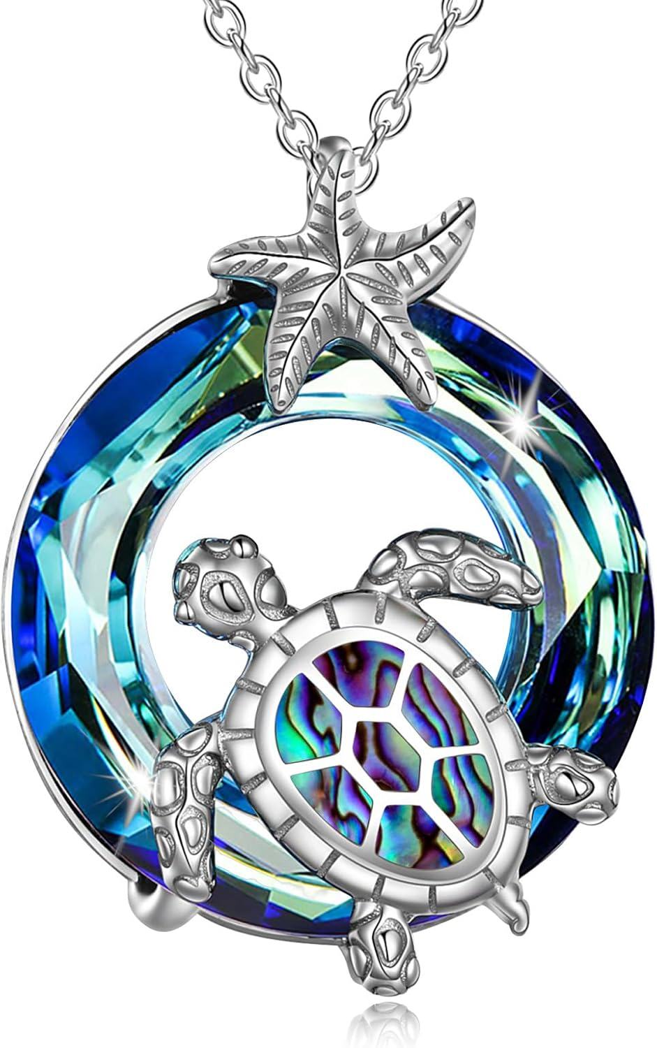 Sterling Silver Crystal Turtle Necklace for Women-Blue - Abalone