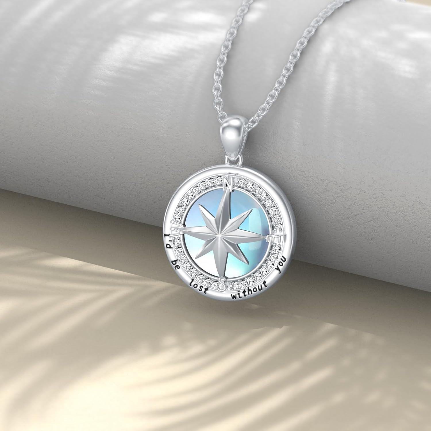 wholesale 925 Sterling Silver Round Blue Moonstone Compass Pendant Necklace with Cubic Zirconia and Engraved Message I'd be lost without you for Women Girls  45cm Chain Length-0-2