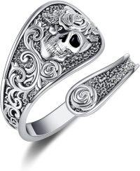 wholesale Sterling Silver Moss Agate Turquoise Vintage Celtic Gothic Skull Butterfly Dragonfly Spoon Open Ring-Skull and Rose Flower Ring