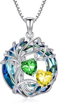 wholesale 18K White Gold Filled Sterling Silver Family Tree Pendant with 2 Heart Birthstones Blue Austrian Crystal Necklace for Women-05-11-May-Nov Birthstone