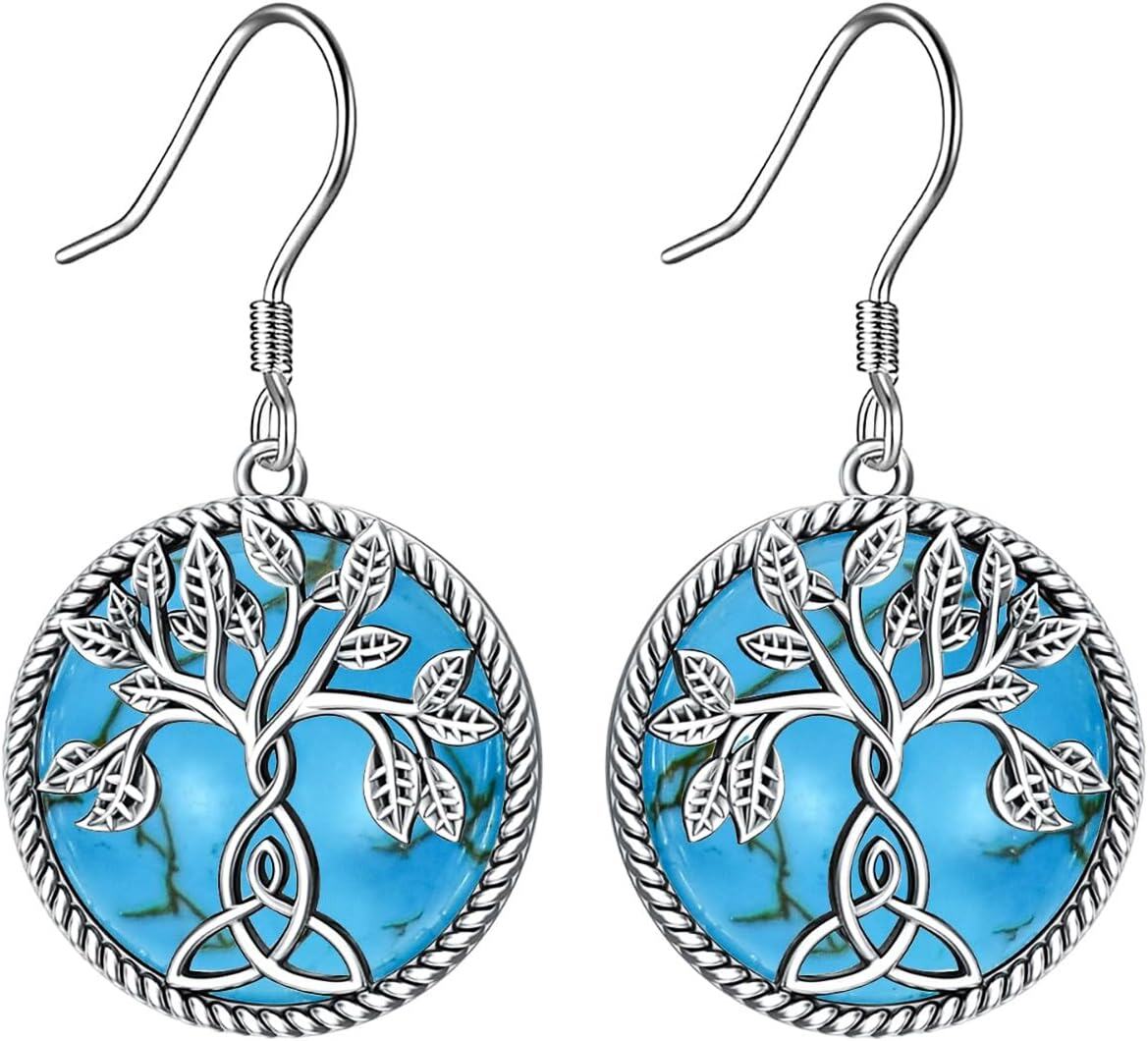 Sterling Silver Irish Celtic Earrings Claddagh Tree of Life Triquetra Trinity Knot Leverback Dangle Drop Vintage Round Lucky Jewelry Gifts for Women-Tree of life-Turqoise