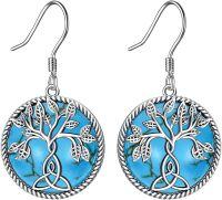 wholesale 925 Sterling Silver Turquoise Tree of Life Triskele Trinity Knot Leverback Dangle Drop Earrings - Vintage Style Lucky  for Her-Tree of life-Turqoise