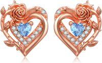 wholesale 925 Sterling Silver Rose Heart Birthstone Stud Earrings for Women-03 Mar - Aquamarine