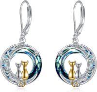 wholesale 925 Sterling Silver Moon Cat Earrings w/ Blue & Green Crystals Leverback  for Her-Moon 2 Cat Blue Crystal
