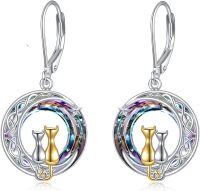 wholesale 925 Sterling Silver Rainbow Crystal Moon Cat Leverback Earrings Gift for Her-Two Cat Moon Purple Crystal