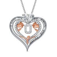 wholesale 925 Sterling Silver Rose Pendant Necklace A Z Initial Letter Heart Jewelry for Women Valentine Mother s Day Birthday Gifts for Her-Letter U