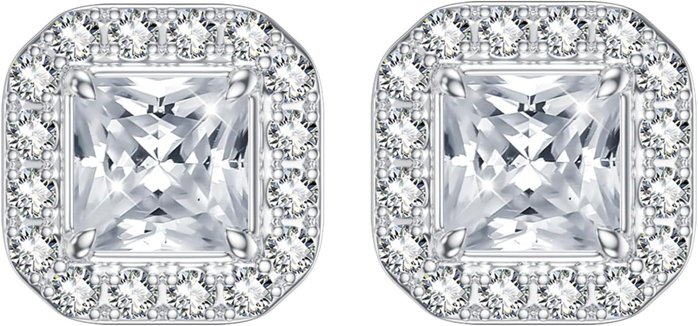 wholesale 925 Sterling Silver Platinum Asscher Cut Halo Stud Earrings with Moissanites and Cubic Zirconia (D Color VVS Clarity)-0-0