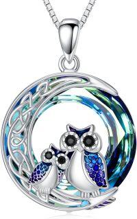 wholesale 925 Sterling Silver Blue Crystal Owl Family Tree of Life Moon Pendant Necklace for Women-Moon 2 Owl Necklace