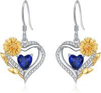 wholesale Sterling Silver Cubic Zirconia Sunflower Heart Dangle Hoop Earrings-09 Sep