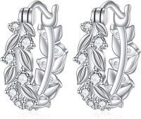 wholesale 925 Sterling Silver Leaf Design Round Cubic Zirconia Studs Hoops Earrings for Women (Small)-Silver Leaf Hoop