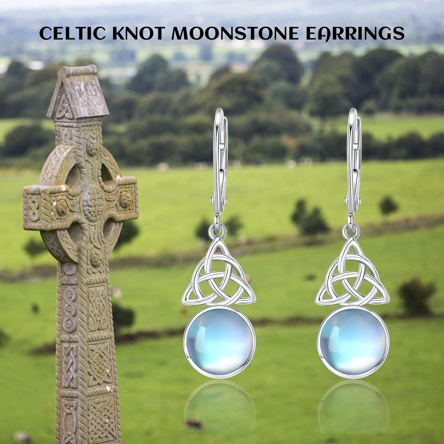 925 Sterling Silver Blue Moonstone Triquetra Drop Earrings-0-3