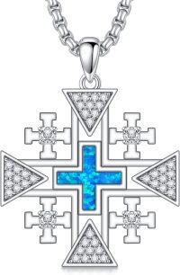 wholesale 925 Sterling Silver Blue Opal Cross Pendant Necklace with Cubic Zirconia Stones for Women and Men Religious Christian s-Jerusalem Cross