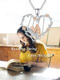 wholesale 925 Sterling Silver Heart-Shaped Swing with Flower and Woman Reading Pendant Necklace for Women-0-5