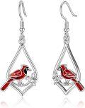 wholesale 925 Sterling Silver Red Enamel Cardinal Bird Teardrop Dangle Earrings-0-0