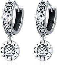 wholesale S925 Sterling Silver Viking Valknut Huggie Hoop Earrings with Celtic Knot and Wolf Claw Design-Viking Hoop Earrings-Silver