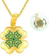 wholesale Gold 925 Sterling Silver Four-Leaf Clover Pendant Necklace with Green Stones - Irish Luck Charm Jewelry-Gold Spinner Clover