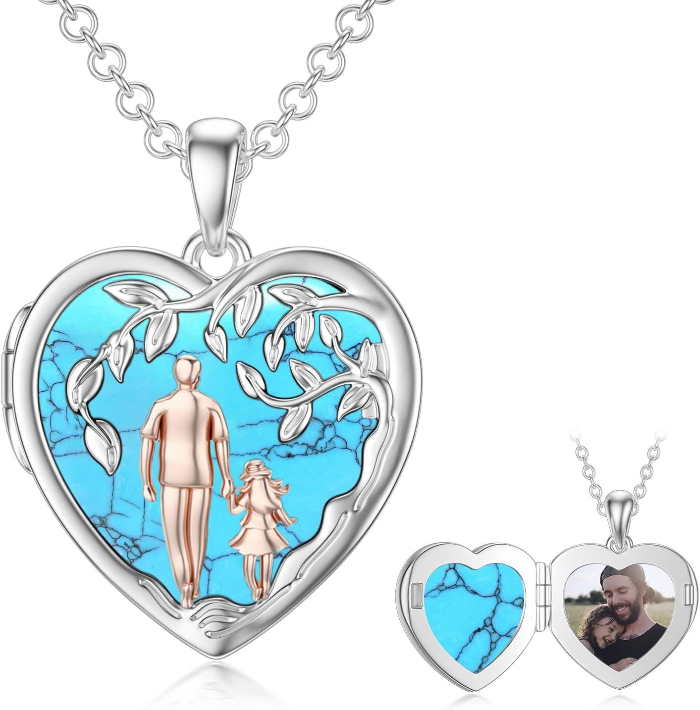 Sterling Silver Abalone Shell Daughter Locket Necklace Gift from Mom Dad-02-02-Father Daughter Locket-Turquoise-02-02-Father Daughter Locket-Simulated Turquoise+ Photo