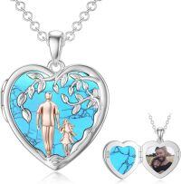 wholesale 925 Sterling Silver Heart Locket Necklace Wholesale Father Daughter Walk Together Photo Frame-02-02-Father Daughter Locket-Turquoise-02-02-Father Daughter Locket-Simulated Turquoise+ Photo