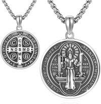 wholesale 925 Sterling Silver St. Benedict Round Medal Necklace Pendant with Cross and Religious Symbols for Men Women  24 Chain Length (Silver)-12c-St Benedict-12c-St Benedict