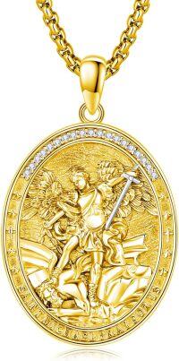 wholesale Gold 925 Sterling Silver Saint Michael Prayer Medal with Abalone Shell and Pearl Pendant Necklace -Gold