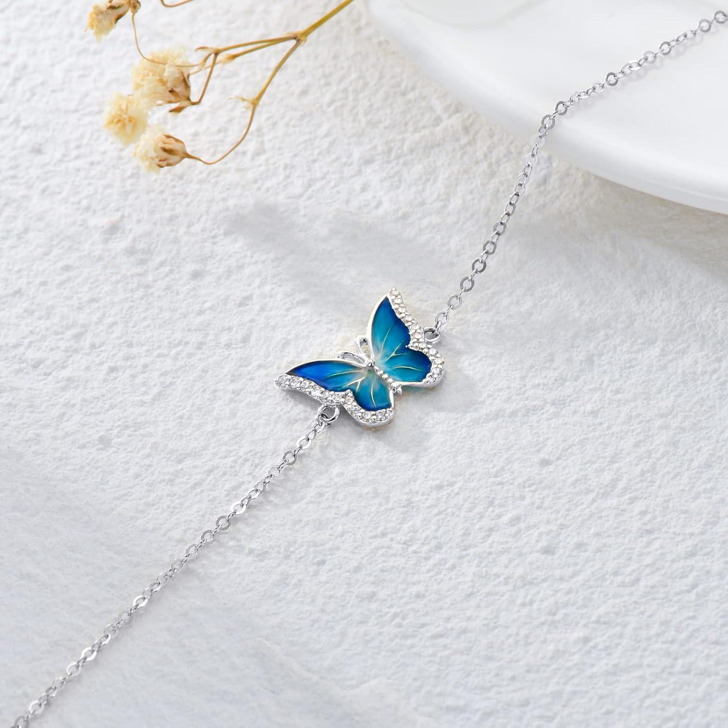 14K Gold Blue Butterfly Bracelet for Women Solid 14K Animal Lover Jewelry Gift-0-2
