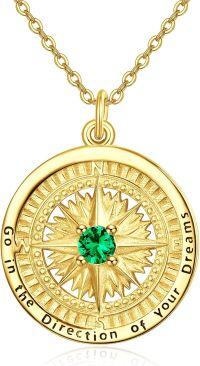wholesale 925 Sterling Silver & Birthstone Gold Compass Pendant Necklace, 24mm, 18-20 Chain, Gift for Women-E02-May