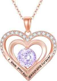 wholesale Sterling Silver Birthstone Forever Love Heart Jewelry for Women Wife Mom Girlfriend Birthday Christmas Mothers Day Gifts-Rose Gold-02-Feb