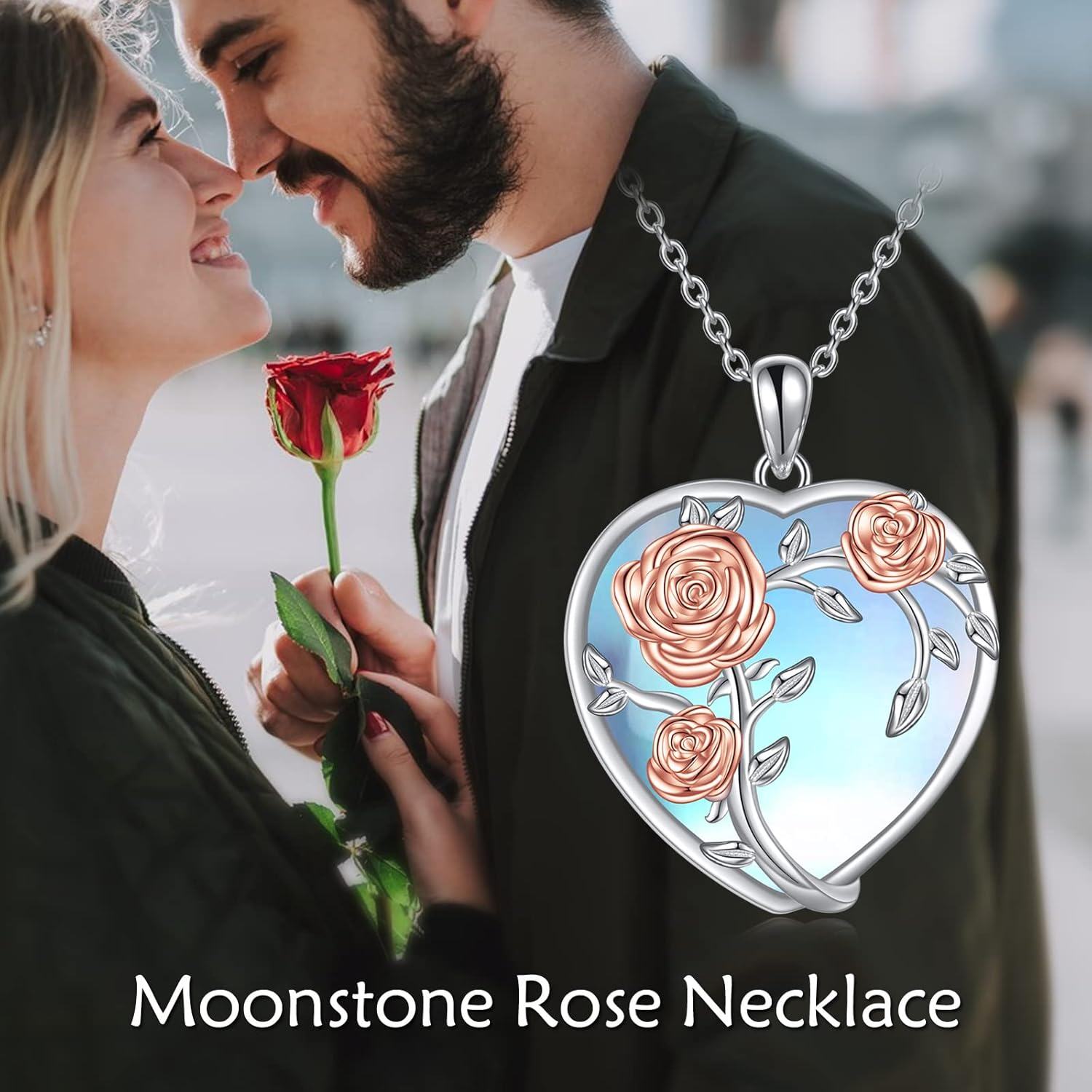  Sterling Silver Moonstone Rose Flower Necklace with Butterfly Pendant Valentine s Gift for Women -0-5