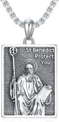 wholesale 925 Sterling Silver Rectangle Pendant with Saint Benedict Protection Charm on 3mm Box Chain Necklace for Men Women  (Silver)-0-0