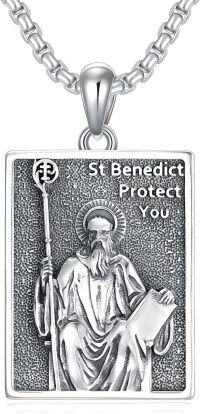 wholesale 925 Sterling Silver Rectangle Pendant with Saint Benedict Protection Charm on 3mm Box Chain Necklace for Men Women  (Silver)-C1.Saint Benedict(rectangle)