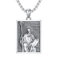 wholesale 925 Sterling Silver Rectangle Pendant with Saint Benedict Protection Charm on 3mm Box Chain Necklace for Men Women  (Silver)-C1.Saint Benedict(rectangle)