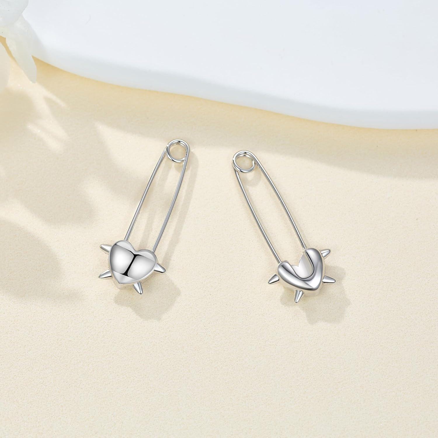 925 Sterling Silver Heart Safety Pin Stud Earrings-0-2