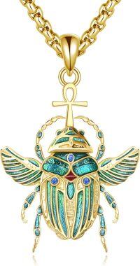 wholesale Gold 925 Sterling Silver Scarab Beetle Ankh Cross Pendant Necklace Egyptian Jewelry-Scarab
