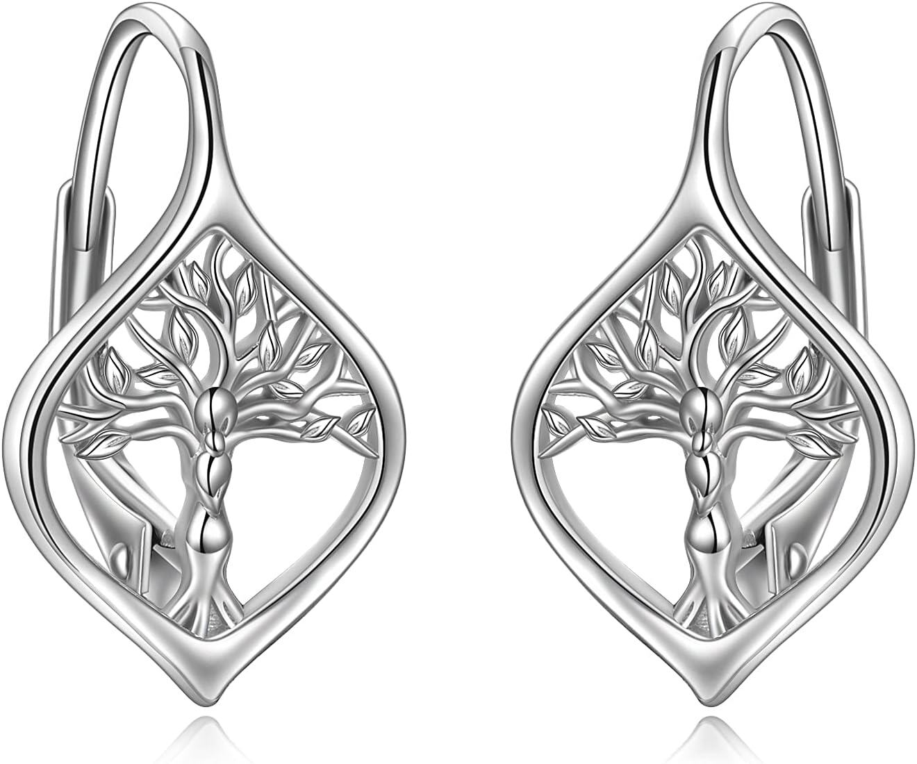 Sterling Silver Leverback Dangle Drop Hoop Earrings for Women Birthday Anniversary Christmas Gifts-15-Leverback-Tree of life