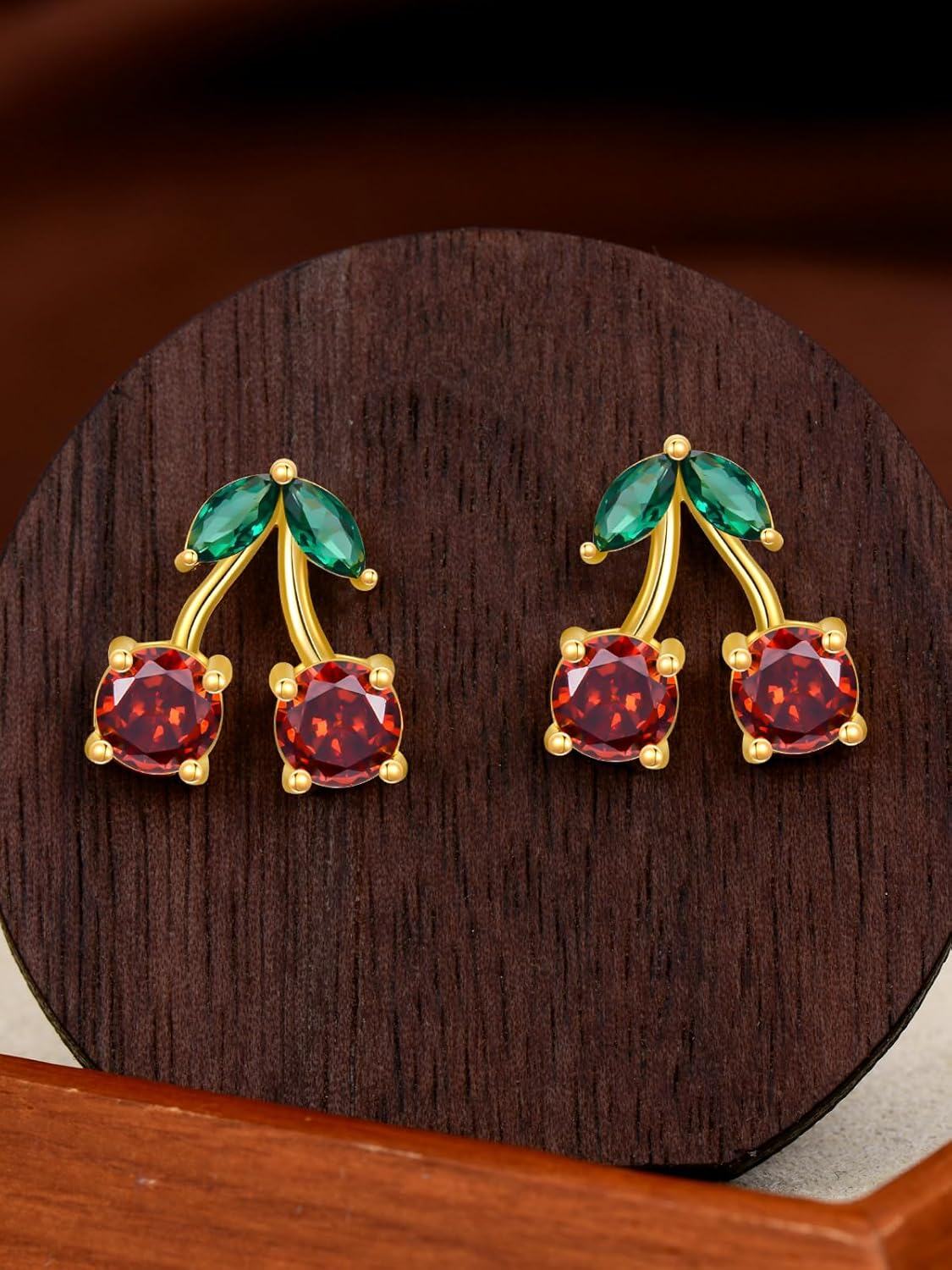 wholesale Gold Cherry Garnet Gemstone 925 Sterling Silver Stud Earrings for Women-0-2