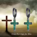 wholesale Black 925 Sterling Silver Green Stone Cross Huggie Hoop Dangle Earrings-0-5