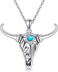 wholesale 925 Sterling Silver Turquoise Cactus Longhorn Skull Pendant Necklace for Women Men Gifts-turquoise bull