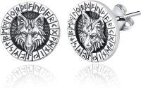 wholesale 925 Sterling Silver Wolf Head Round Stud Earrings with Rune Design for Men & Women-Wolf