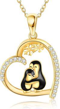 wholesale 14K Gold Penguin Heart Necklace with Diamond Accents - Mothers Day Gifts-Penguin