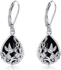 wholesale 925 Sterling Silver Hummingbird & Flower Design Teardrop Black Onyx Leverback Earrings for Women and Girls Gift Fine Jewelry Accessory-Hummingbird