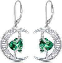 wholesale 925 Sterling Silver Celtic Moon and Star Earrings with Green Heart-Shaped Stone Jewelry Birthday Christmas Gifts for Women Her-05-May-Emerald