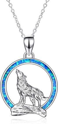 wholesale 925 Sterling Silver Blue Opal Wolf Howling Moon Pendant-Opal Wolf Necklace