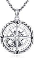 wholesale 925 Sterling Silver Compass Pendant Necklace  with Gear Design and Cubic Zirconia Accent - Travel Jewelry for Women & Men-0-0