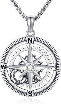 wholesale 925 Sterling Silver Compass Pendant Necklace  with Gear Design and Cubic Zirconia Accent - Travel Jewelry for Women & Men-Compass-2