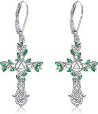 wholesale 925 Sterling Silver Celtic Knot Green Enamel Cross Dangle Drop Earrings for Women-AA cross