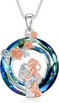 wholesale 925 Sterling Silver Mother Daughter Pendant Necklaces with Blue Crystal and Roses Gifts for Mom Wife Sisters Jewelry-0-0