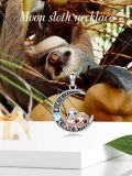 wholesale 925 Sterling Silver Sloth and Panda on Crescent Moon Charm Necklace with Blue Stone Accent-0-5