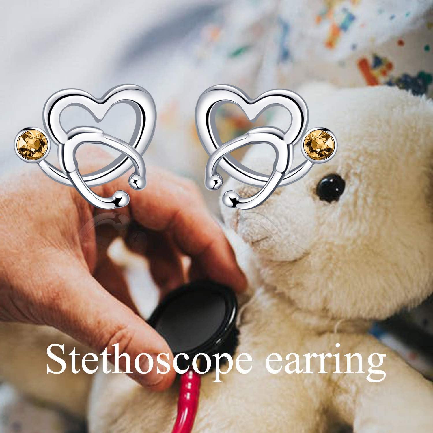 Sterling Silver Austria Crystal Nurse Earrings Stethoscope Studs Graduation Gifts for RN Doctor Medical Student-0-3