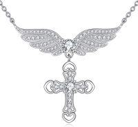 wholesale 925 Sterling Silver Angel Wing Cross Pendant Necklace for Women - Faith & Luck Charm s-Cross-Angel Wings
