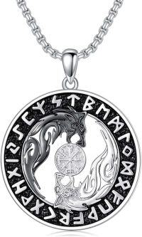 wholesale 925 Sterling Silver Norse Jewelry - Wolf & Vegvisir Compass Pendant with Runes and Tree of Life Design -Z-Viking Necklace B